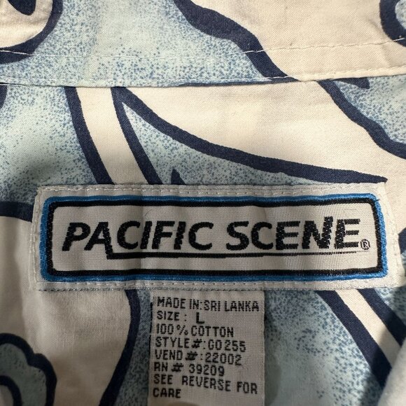 Pacific Scene Vintage 90s Y2K Hawaiian Shirt Blue White Floral 100% Cotton Sz L - Picture 2 of 6